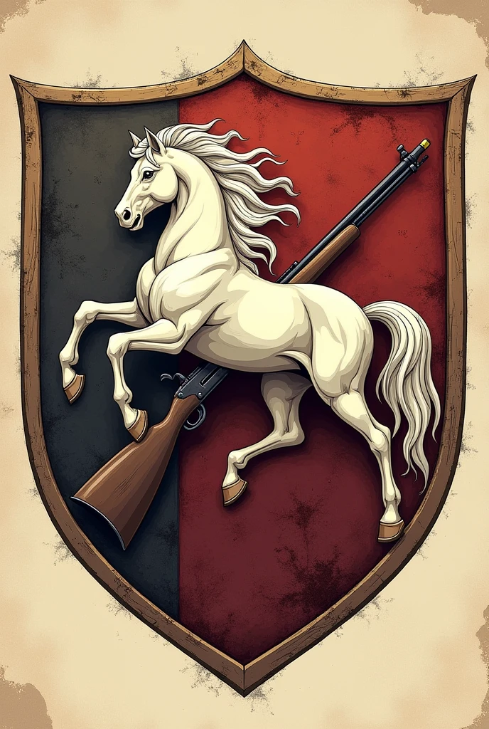 Make me a coat of arms with a horse and rifles It's for a fictional country Make it illustrated Pure the shield Drawn