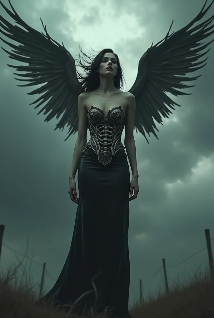 A girl in the image of a fallen angel with bone wings and a bone corset, black leather skirt, flying overhead, tight panties, dark demonic terrifying, many details, gloomy atmosphere, extremely detailed, 8k, hyperdetailed, masterpiece