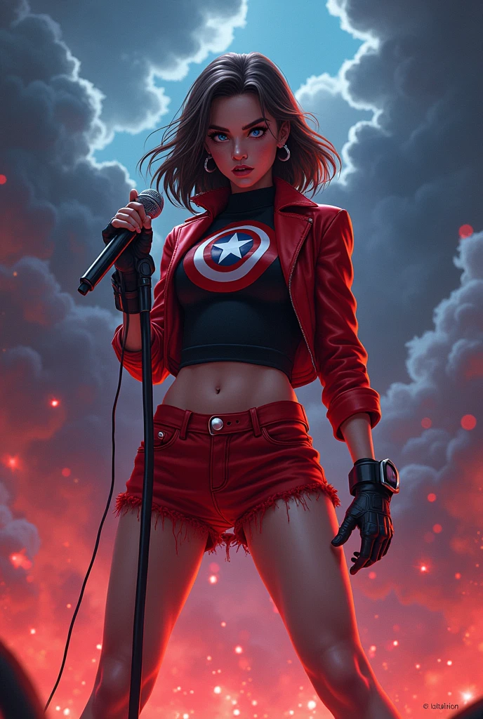 Rock Supermanpreteen girl 13 years miniskirr hard red and stars hard blue hold marvel holding the microfon singing with a background of thunder and a very rock vibes.