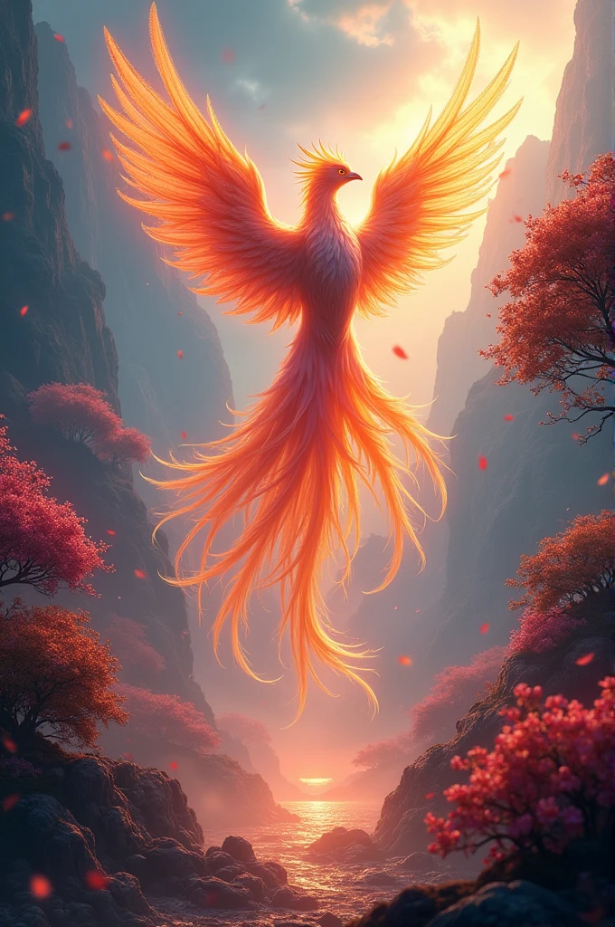 “A phoenix rising from its ashes in a vibrant, surreal landscape. The phoenix symbolizes renewal and transformation, its feathers glowing with a spectrum of colors as it soars upwards. Surrounding the phoenix are elements of nature, like blooming flowers and rejuvenated trees, representing the continuous cycle of growth and adaptation. The sky is a blend of twilight hues, capturing both the end of one phase and the promise of a new beginning.”