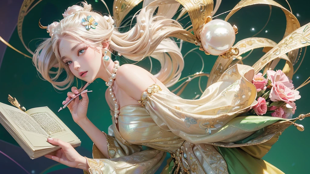 32K, 最高quality, 最高masterpiece, (ultra-Detailed Background, Detailed Background), High resolution, Super detailed, Very detailedな, 1 personの, (bouquet:1.3), (Tangled:1.2), (Geometric:1.2),(colorful),(masterpiece, quality, best quality, Official Art, Beautiful and beautiful:1.2), (1 person:1.3), Very detailed,(colorful:1.1)(Flowers:1.3),Most detailed,(Tangled:1.2), whole body, (Abstract background:1.3), (Skin glows), (Many colors:1.4), ,(Earrings Pearl:1.5), Pale yellow-green background, It's imaginative., Brunette Hair, Updo, Holding a book, Holding a pen, Satin shirt