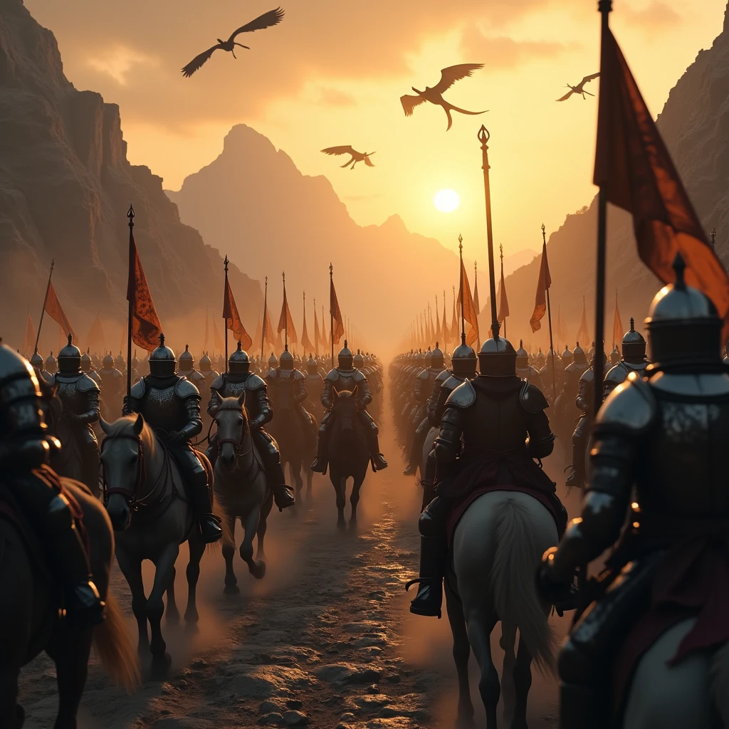 /imagine the low angle shot of a back/rear view of vast army of realistic intricately detailed medieval fantasy armored knights mounted on heavily armoured medieval horses holding banners/flags that are raised high in the air waving in the wind heading for a distant realistic intricately detailed medieval fantasy city with tall/high walls surrounding it carved into the mountains featuring a realistic intricately detailed beautifully sunlit sunset clouds and a flight of giant realistic intricately detailed black wyverns with enormous wingspans flying high in the distant sky background : cinematic lighting, dynamic lighting blends seamlessly with natural light, ultra HD resolution, photography, photorealistic quality, high details, golden yellow monochromatic atmospheric color grading, extreme atmospheric haze/fog, foggy ambience/atmosphere, realistic movie scene.