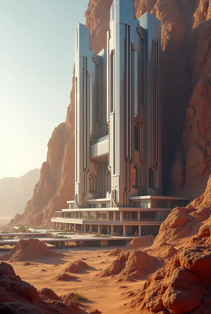 Facade of a large futuristic hotel, prisms, on a mountain in the desert