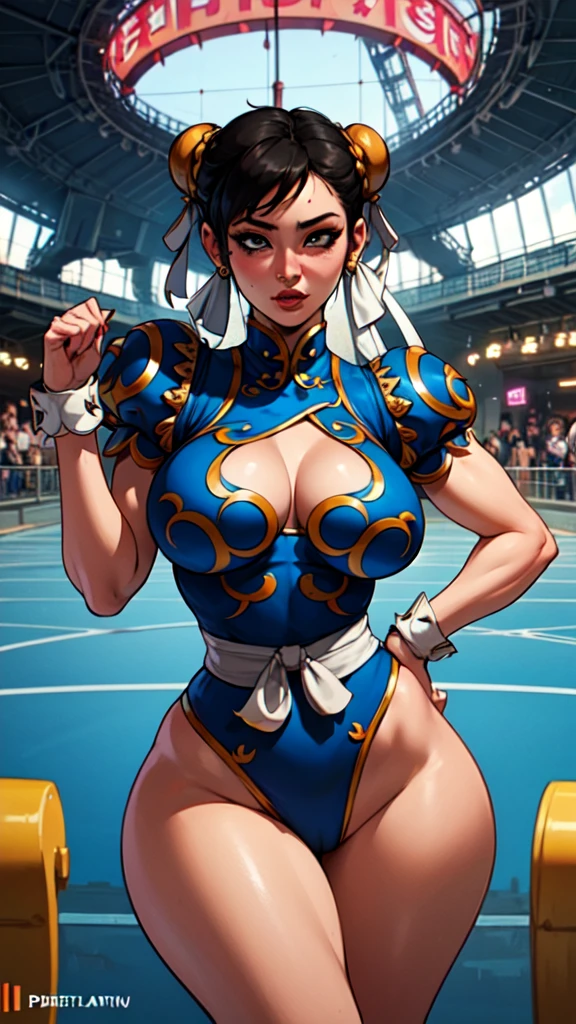 ((Chun-Li)), 1 girl with short black hair, blue colored eyes, face perfect, voluminous body and slightly thin hips, she is alone in an amusement park, ((perfectbody)), ((Artwork)) , ((best qualityer)), (detailded)