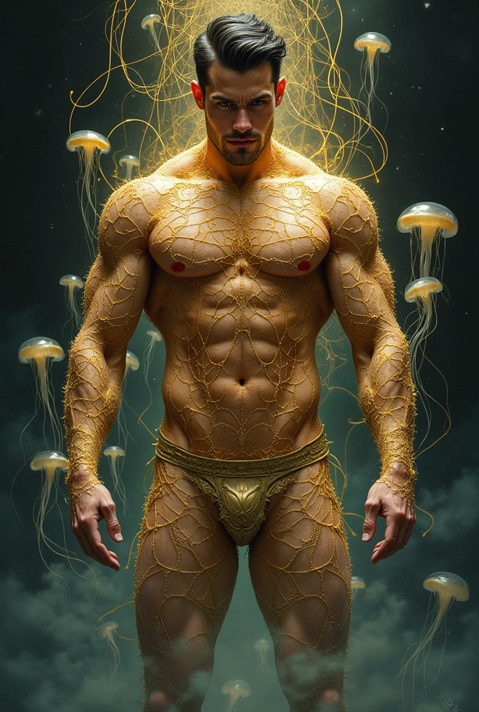 HQ drawing of a beautiful man with golden net around his body below with erect penis, and jellyfish