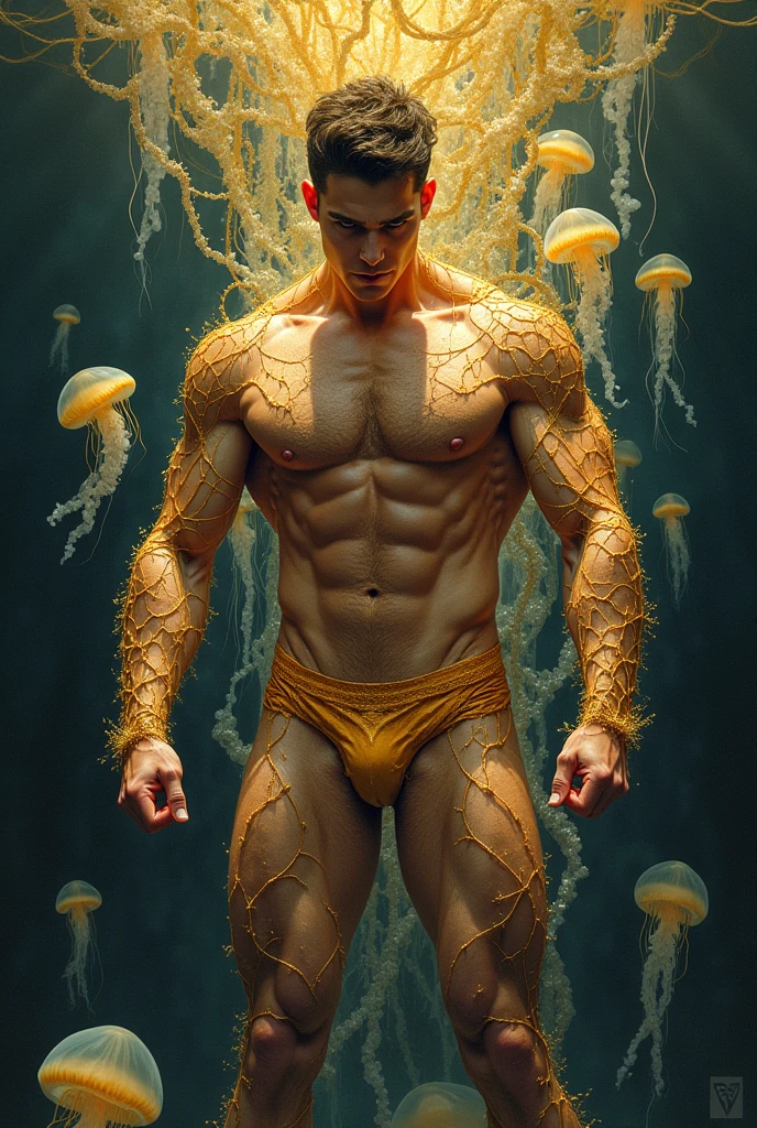 HQ drawing of a beautiful man with golden net around his body below with penis jellyfish
