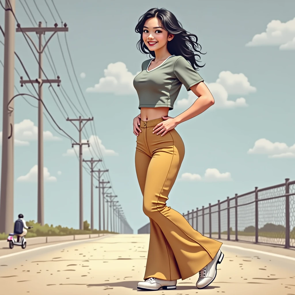 A young female football player with a very beautiful face, fair and smooth skin, a golden ratio figure, wearing a fitted short sleeved T-shirt, ironless bell bottoms, ankle coverage, slim waist, wide hips, hourglass figure, beige socks, white low heeled leather shoes, standing on the roadside in the park with her legs spread apart, the ground in front of her feet wide, and her hands on her hips. Black wavy hair, smiling, looking at you affectionately. Realistic, 8K,