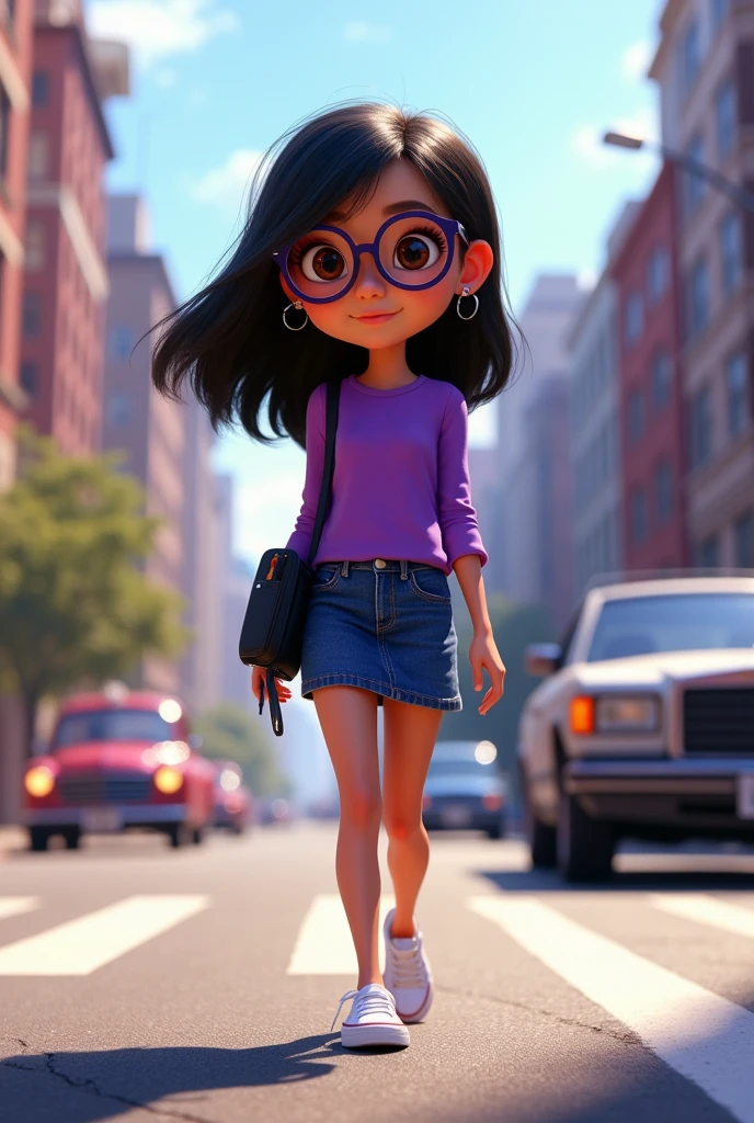 Pixar-style poster with a short girl with thinned hair, long smooth black color, He wears glasses with thin, dark purple rims., He wears small silver hoops in his ears, a black wallet hanging on his left side. She wears a purple sleeved blouse and a knee-length fitted denim skirt., white low converse tennis shoes. In his right hand he has a cell phone. He is walking on the street where there are cars