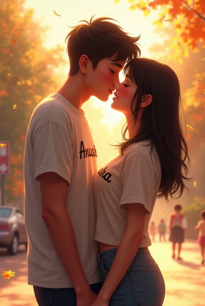 A girl t shirt name anusha kissing a boy tshirt name 