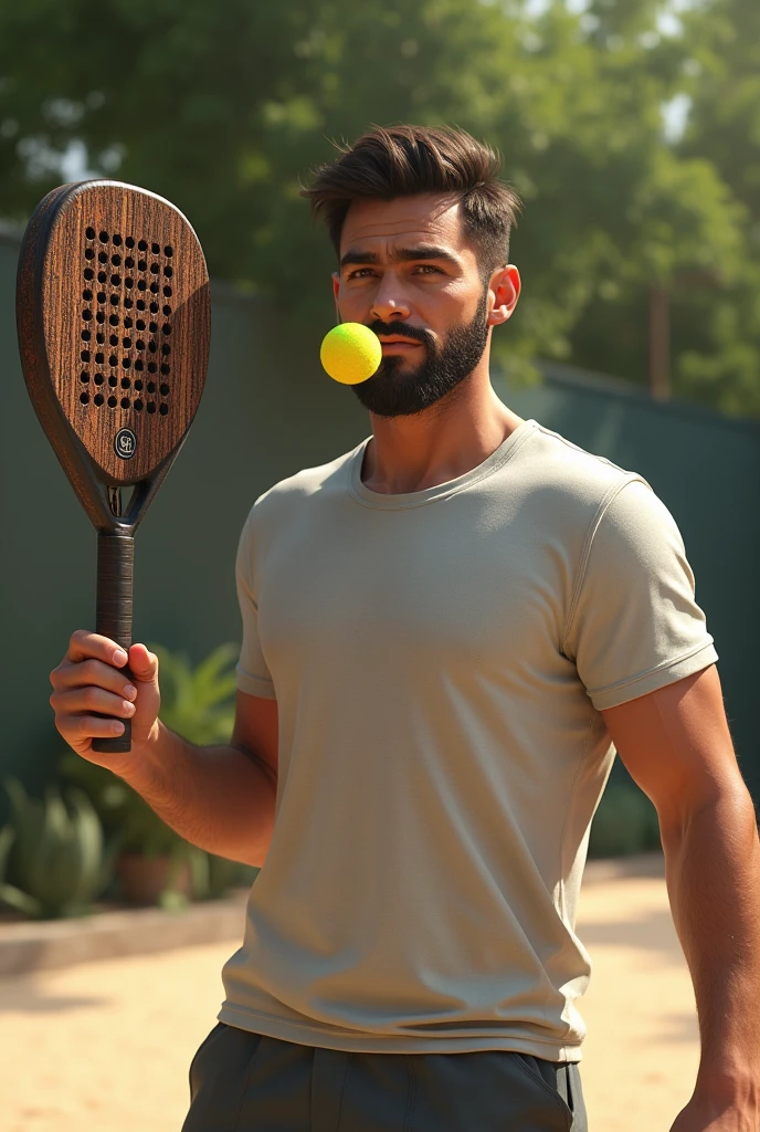 A realistic man whistling a padel ball with his paddle, with one hand, a medium sized shovel