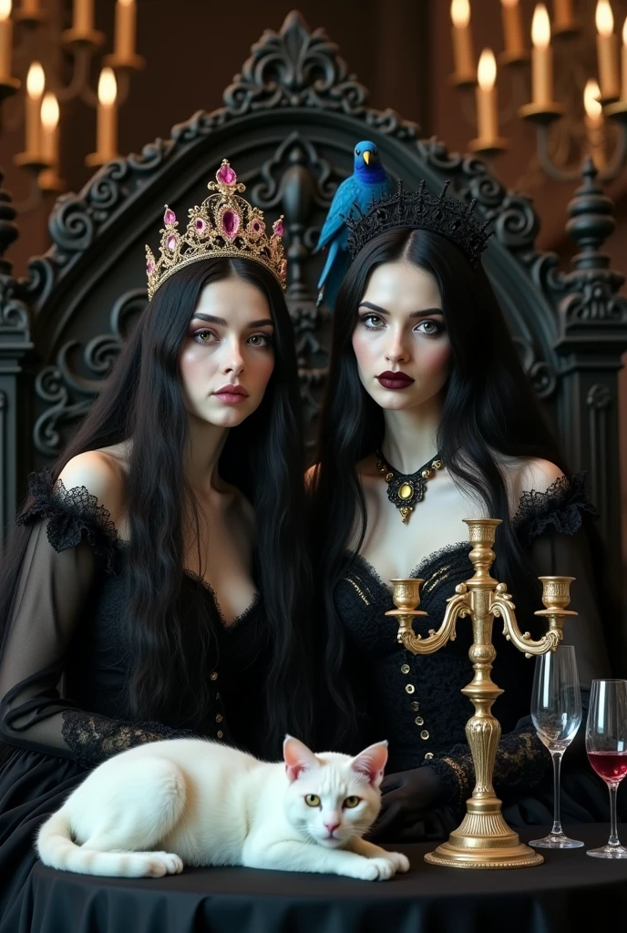"A full-body shot of a extra wide scene in a dark medeval palace. 2 queen sisters with big light-colored eyes, super long shiny blackest hair, ((Detailed face:1.2)), perfect beautiful teeth, perfect hands, five fingers on each hand, big breasts cleavage, most perfect eyes 1:1, white perfect skin, rosy cheeks, )(Best Quality) (Detailed). Wearing a layered black and gold dress with lace and shiffon. leans bending to the side nonchalantly beside a black thrown. On her head is a gold crown, adorned with pink crystals 1:1. A white cat lounges on the floor in front of her 1:1, while a blue bird perches atop the throne. The scene includes a elegant, extraordinairy beautiful gothic empress, striking a bendover pose, excited, her long black hair flowing over her shoulders. Embodying a beautiful yet disheveled gothic queen. The environment exudes a medieval fantasy vibe, with a big black intricate throne, a dark medeval chandelier with few candles hanging from the ceiling a very low romantic lighting. In a fantastic scene that uses 3D Surreal 3D model. Big gold gothic medieval five armed candlesticks sit on a blacktable, surrounded by crystal wine glasses—one tipped over and another half-full of wine. The entire setup is Best Quality, masterpiece yet regal, capturing the essence of a vampire, fantastical gothic setting, moist, Reflectors, low lighting from right , framed with the grandeur of medieval gothic style. photographed in a Canon EOS R5, 50mm Lens, F/2.8, nffsw, (8K)"