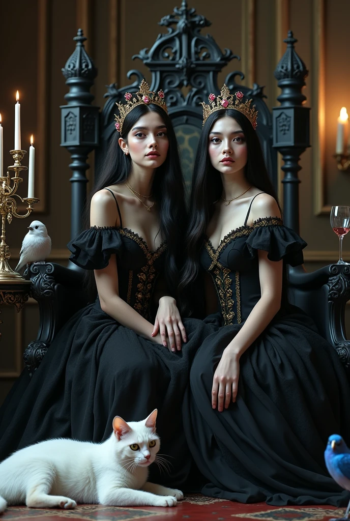 "A full-body shot of a extra wide scene in a dark medeval palace. 2 queen sisters with big light-colored eyes, super long shiny blackest hair, ((Detailed face:1.2)), perfect beautiful teeth, perfect hands, five fingers on each hand, big breasts cleavage, most perfect eyes 1:1, white perfect skin, rosy cheeks, )(Best Quality) (Detailed). Wearing a layered black and gold dress with lace and shiffon. leans bending to the side nonchalantly beside a black thrown. On her head is a gold crown, adorned with pink crystals 1:1. A white cat lounges on the floor in front of her 1:1, while a blue bird perches atop the throne. The scene includes a elegant, extraordinairy beautiful gothic empress, striking a bendover pose, excited, her long black hair flowing over her shoulders. Embodying a beautiful yet disheveled gothic queen. The environment exudes a medieval fantasy vibe, with a big black intricate throne, a dark medeval chandelier with few candles hanging from the ceiling a very low romantic lighting. In a fantastic scene that uses 3D Surreal 3D model. Big gold gothic medieval five armed candlesticks sit on a blacktable, surrounded by crystal wine glasses—one tipped over and another half-full of wine. The entire setup is Best Quality, masterpiece yet regal, capturing the essence of a vampire, fantastical gothic setting, moist, Reflectors, low lighting from right , framed with the grandeur of medieval gothic style. photographed in a Canon EOS R5, 50mm Lens, F/2.8, nffsw, (8K)"