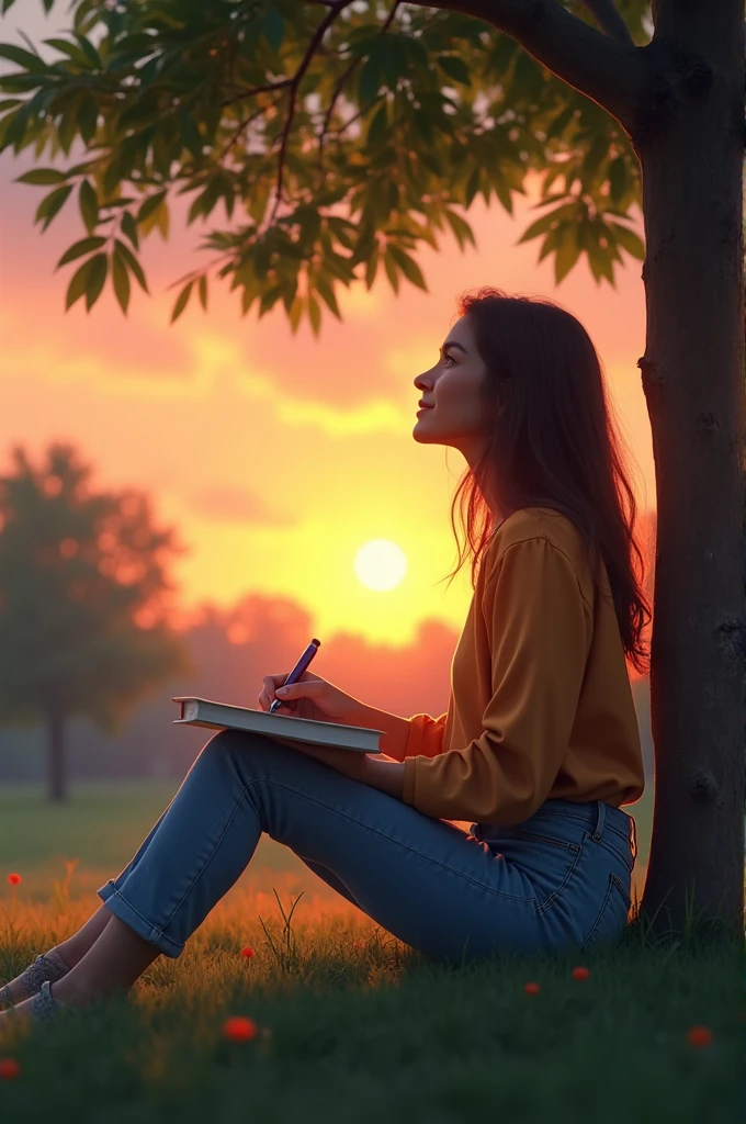 In a peaceful park at dusk, a young woman is seated under the shade of a leafy tree, with an open notebook in her lap and a pen in hand. She wears casual and comfortable clothes, ideal for a moment of reflection outdoors. Her gaze lost on the horizon, mixed with a slight smile of satisfaction, reveals that she is immersed in her memories, seeking inspiration in her own life experiences. Around her, the park bids farewell to the day with the vibrant colors of the sunset, reflecting the richness and diversity of stories that each person carries. The serene environment.