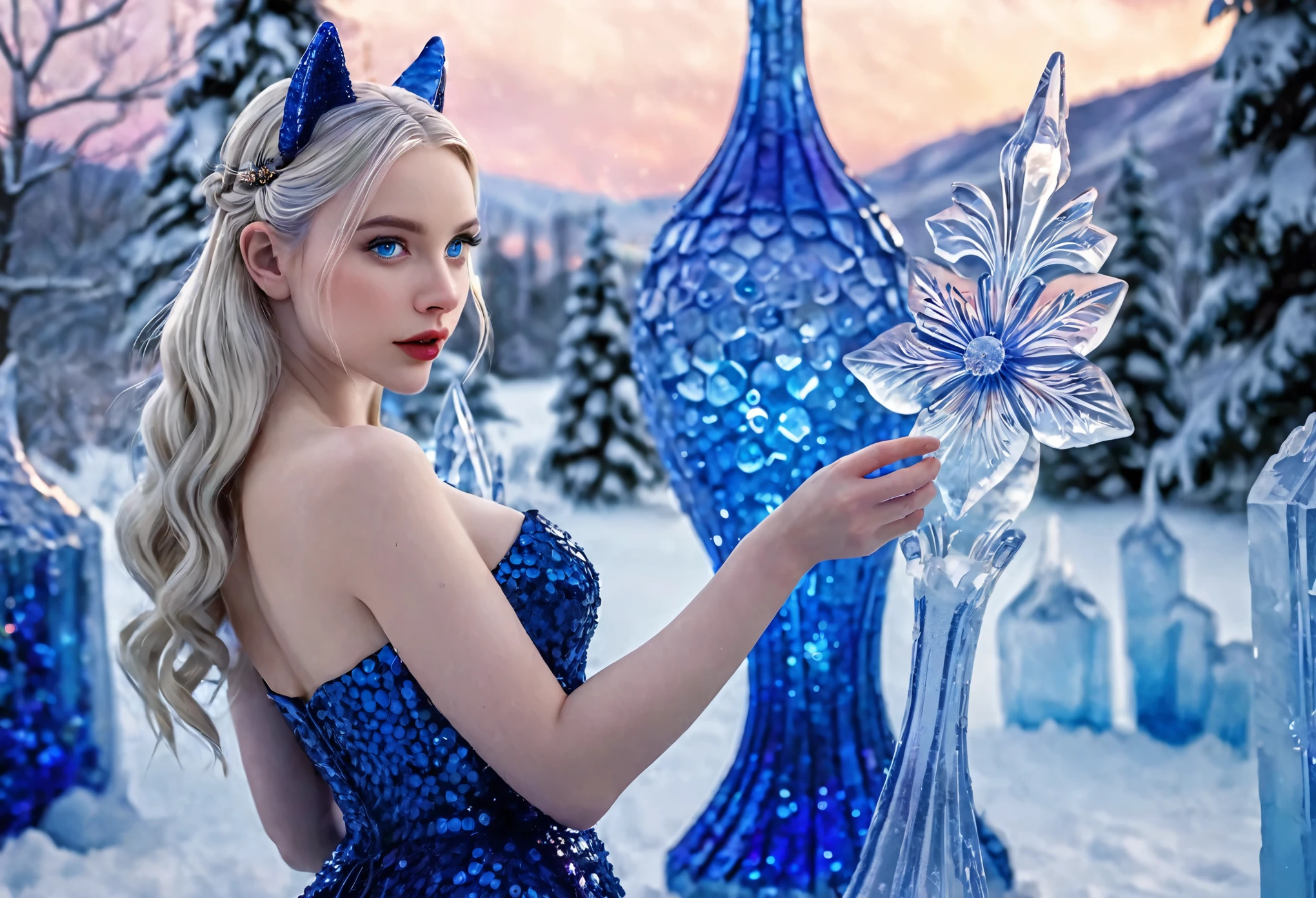 A cute woman with blue skin, deep blue eyes, pointy ears, waist length pale hair, wearing a sapphire sequin sparkling evening gown, inspecting her ice sculpture flower garden in a snow landscape at twilight, masterpiece, highly detailed, photorealistic, 8k, hyperrealistic, intricate details, cinematic lighting, dramatic colors, fantasy, elegant, magical, whimsical, ethereal