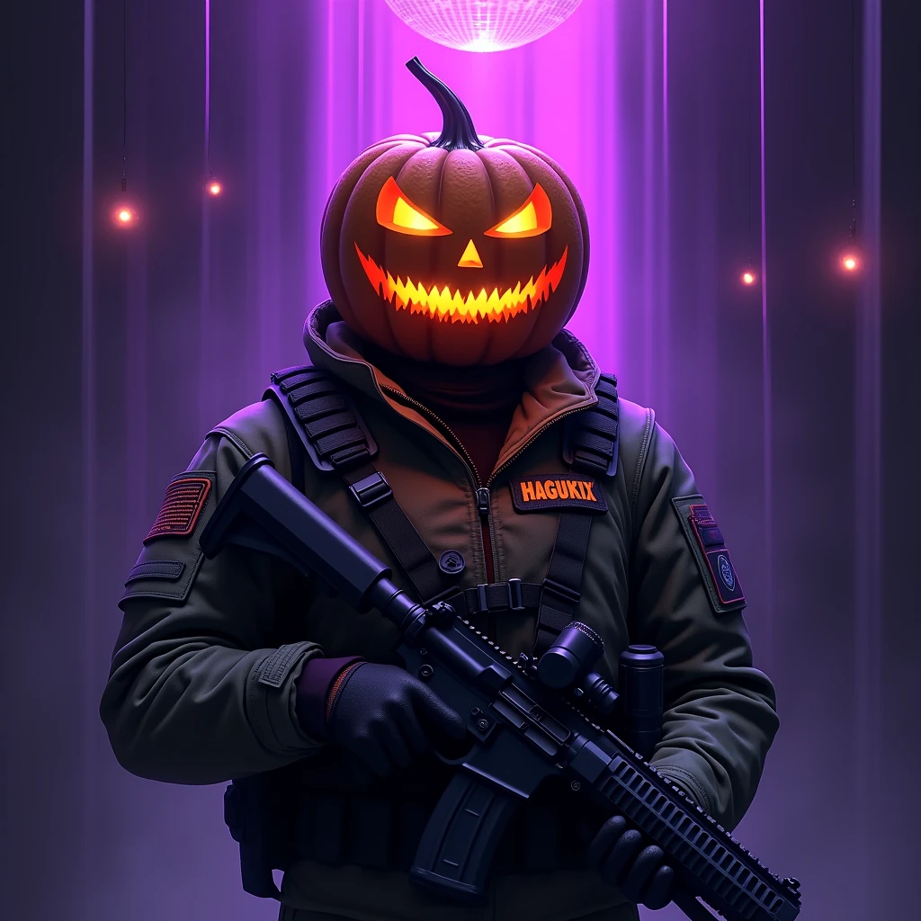 Character wearing a jack-o'-lantern on his head、Equipped with a tactical jacket and rifle、Purple light is pouring down from the mirror ball above.、The jacket says HAGUKIX