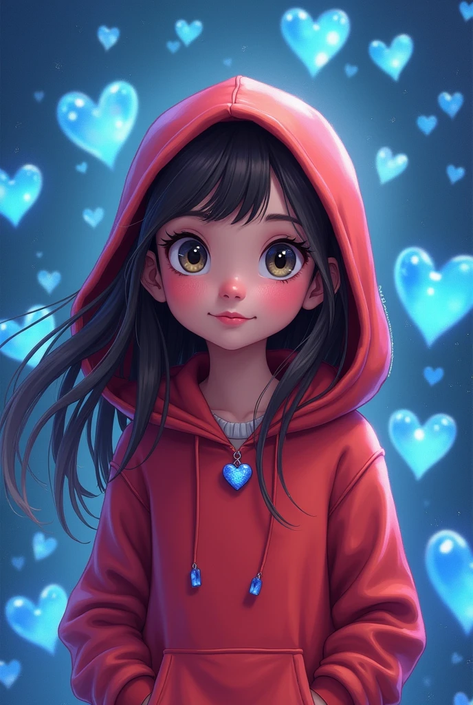 Disney image of a girl with a red hooded sweatshirt on , straight hair, large eyes,  small blue heart necklace  , shiny blue hearts background 