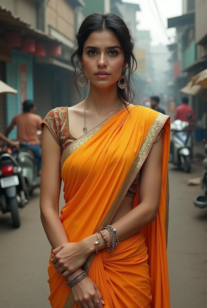 Kriti sanon with pale skin, white skin, no lose hair, pinned hair, wearing saree shwoing hips and navel, low quality, poor quality, at chennai