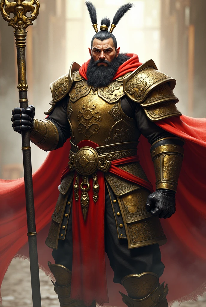 Hairy man, serious expression, in golden and brown full-body dynasty armor, two antenna-like plumes headdress, wielding a long metal bo stick with gold on two edges, red flowing cape, dynamic pose, fantasy vibe,