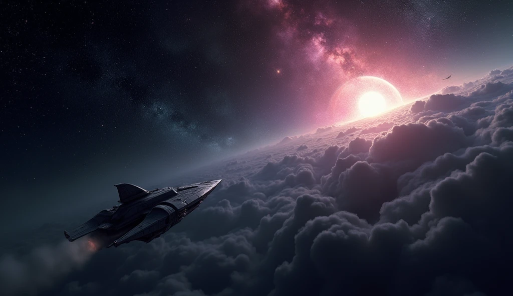 Title: Chronicles of an Ancient Cosmos A vast, black cosmos adorned with countless twinkling stars and a blazing sun is depicted. A lone spaceship navigates through the darkness, its sleek silver surface reflecting the starlight. The viewer is positioned behind the ship, watching as it glides towards an ominous nebula. Color mood: Cold, yet illuminated by the stars Lighting conditions: Subdued, with a slight hue of blue from the distant galaxy Angle: Long shot, capturing the vastness of space and the ship's journey Style: Surreal, evoking a sense of wonder and curiosity As the ship approaches the nebula, it disappears into its cloudy depths, leaving only a trail of smoke in its wake. The darkness is interrupted by vibrant shades of pink and purple, signaling the uncharted territory within. Color mood: Mysterious, transitioning from cold to warm Lighting conditions: Soft, contrasting the harsh blackness of space Angle: Close-up of the ship as it enters the nebula, with the cosmos still visible Style: Abstract, conveying the sense of exploration and discovery Suddenly, a planet emerges from the haze.,