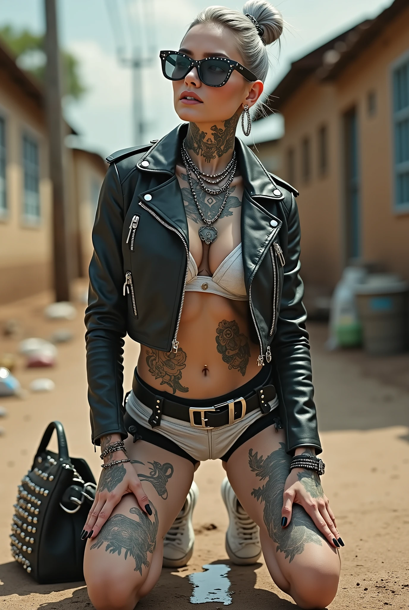 russian milf woman, grey  hair (high pompadour, top bun), with very light blue eyes, extremely pale skin. All neck tattooed. Hands and forearms all tattooed.vTighs all tattoed. Wearing cropped aged black moto jacket with lots of zippers and pins, flipped up collar.. White push up bikini. Dirty White tennis sneakers. Chain around hips like belts. Dirty knees, dirty feet and muddy hands. Wide studded belt. Squatting on a puddle with hands on her hips, looking up, chin up, stretching her neck , humble facial expression.  Black nail polish. studded black leather tote bag with chain on the floor, next to her.. Listening looking up in amazement to somebody speaking to her from the sky, upper teeth visible. Well toned abdominals, thin neck, slim legs and thin arms. Narrow hips Cleavage, stomach, neck, tigh and hands completely covered with tattoos. Dirt street in Kenyan village full of waste. Lots of silver bracelets, silver pendants and collars around all the beck. A lot of tanned fat women  in traditional dresses around looking at her. next to her, all her belongings scattered on the floor: tobacco packs, makeup kit, little makeup mirror, studded black leather tote bag, lipstick, wallet, moble etc on the floor, point of view; from above