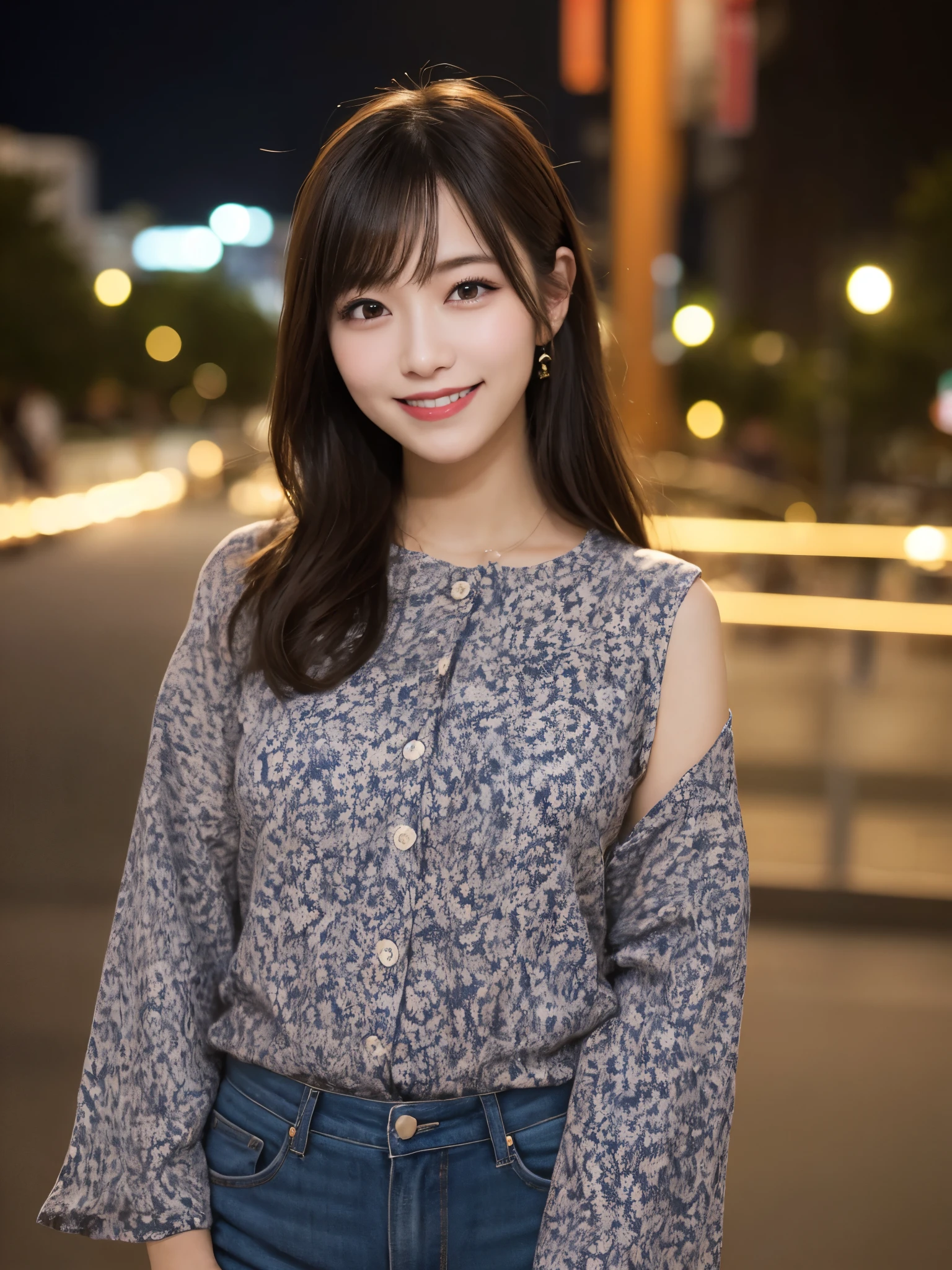 1girl, solo, highres, best_quality, masterpiece, detailed_background, intricate_details, beautiful, fukuoka, nakasu, river_view, nightlife, modern_fashion, casual_clothes, smile, looking_at_viewer, dynamic_pose, natural_pose, candid, happy