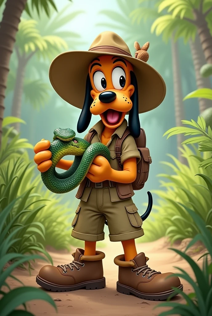 Disney's Pluto in safari outfit holding a snake