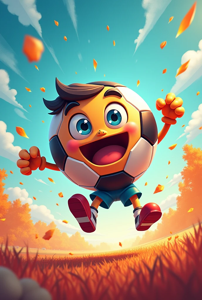 give me a character that is a happy soccer ball with a flashy background