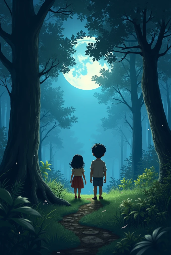 One boy and one girl in forest in night