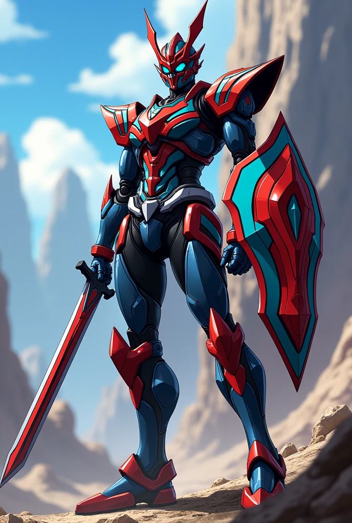 Create anime armor, with a similar appearance somewhat to kamen rider saber, ou kamen rider zero one, and also knights of the zodiac, an armor similar to these, and with a sword in his hand and a shield on his back.
Obs: try to do it with an anime drawing style animation