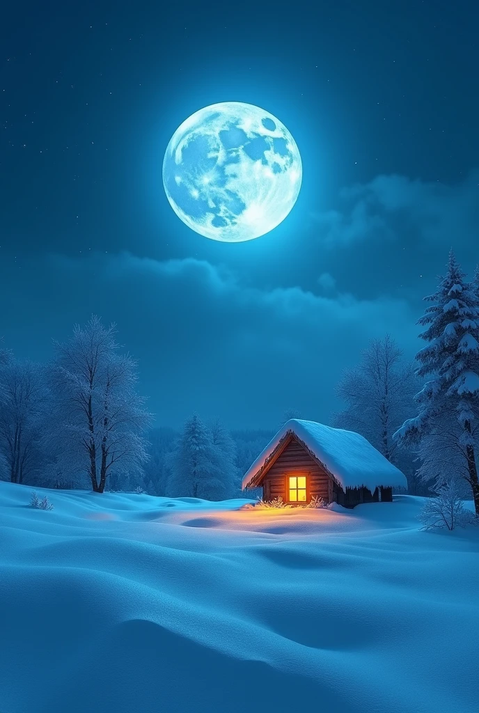 Snow Field at Night、Ultra Wide Angle、blue Moon、Blue light、Orange light shines through the windows of a small, snow-covered hut.、