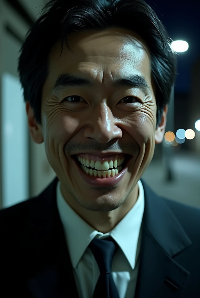 A close-up of the smiling Japanese man, who appears in his 30s, wearing a suit. His smile is unnaturally wide, and his eyes are fixed on the viewer, giving off a creepy, unsettling vibe. The streetlight above casts harsh shadows, making his face appear even more distorted and terrifying