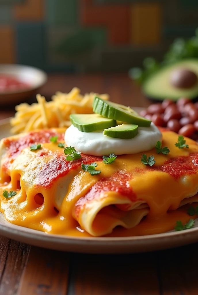 Potosina enchiladas,with lots of cheese inside, just the red tortilla, in the shape of quesadillas , that the shape is not like a taco but rather like a flattened quesadilla ,the image a little animated and put cream and avocado on top and some beans next to it