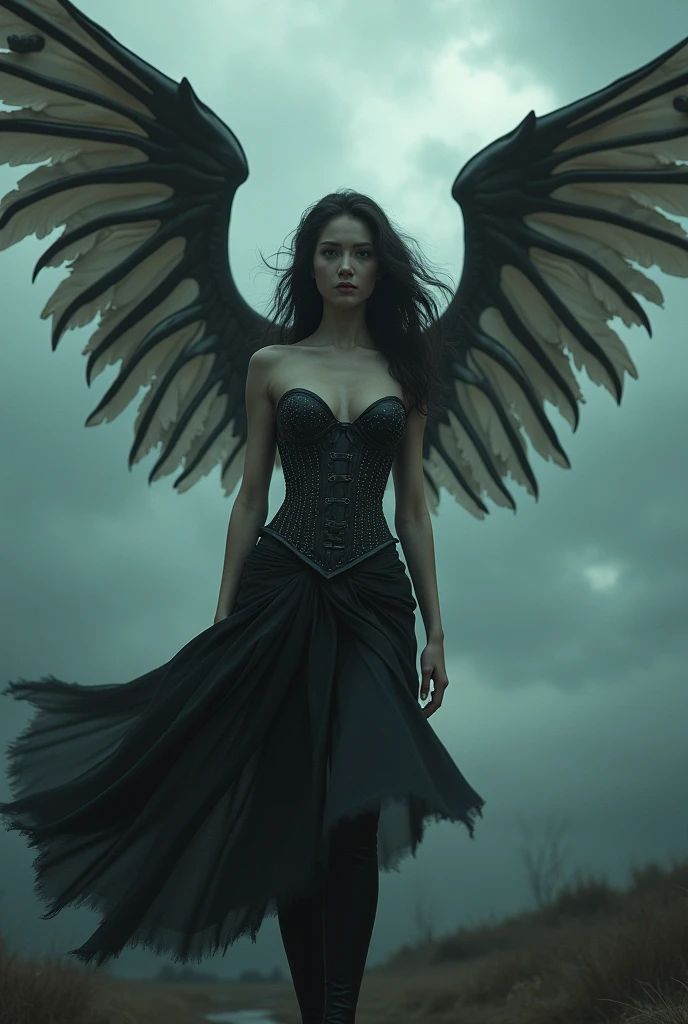 A girl in the image of a fallen angel with bone wings and a bone corset, black leather skirt, flying overhead, tight panties, dark demonic terrifying, many details, gloomy atmosphere, extremely detailed, 8k, hyperdetailed, masterpiece