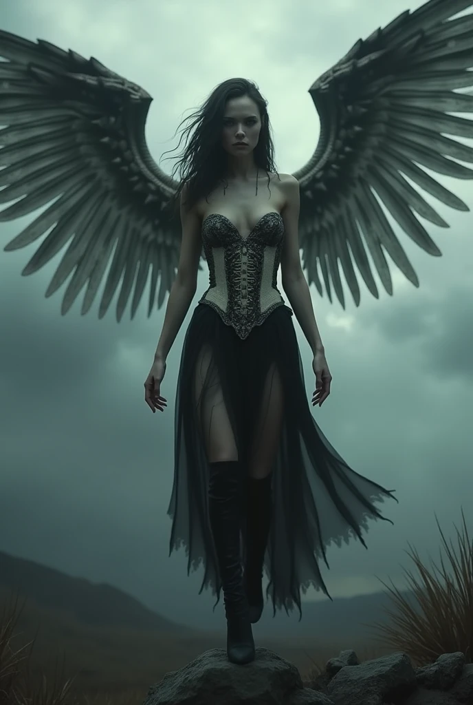 A girl in the image of a fallen angel with bone wings and a bone corset, black leather skirt, flying overhead,  tight panties, dark demonic terrifying, many details, gloomy atmosphere, extremely detailed, 8k, hyperdetailed, masterpiece