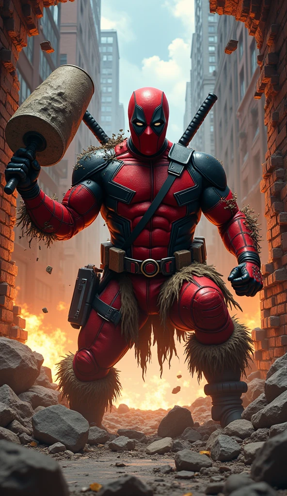 A hyperrealistic digital painting in a cinematic style of a Captain Caveman and Deadpool fusion, breaking through a brick wall in a dark, urban alleyway. The character is covered in rubble and has a determined, yet humorous expression. He's wielding a massive stone club in one hand and a katana in the other. The background is a chaotic blend of a prehistoric jungle and a modern city, with explosions and energy blasts