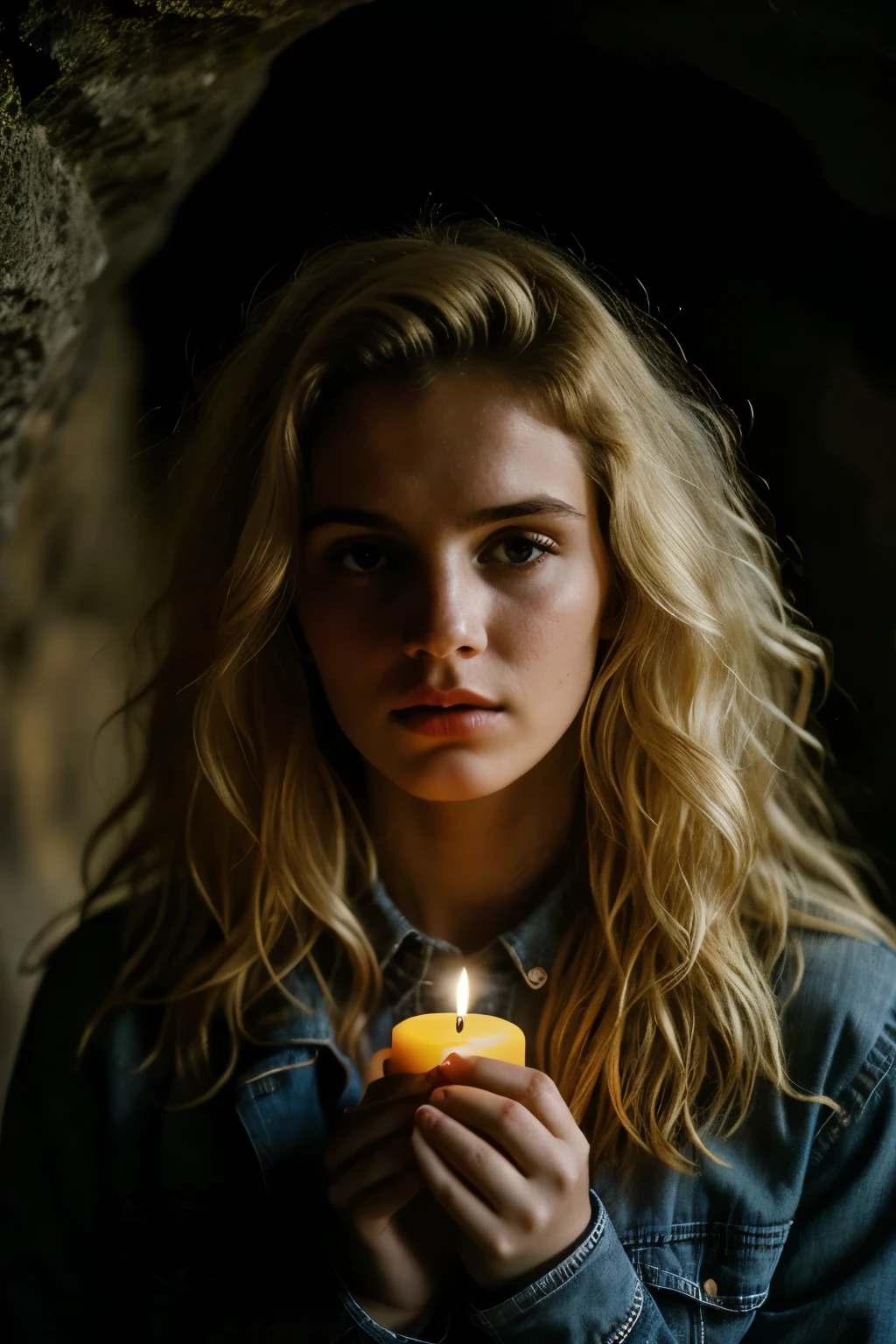 photograph of a woman, (troubled facial expression), textured skin, goosebumps, blonde afro hair, plaid flannel shirt with distressed boyfriend jeans, cowboy shot, dark and mysterious cave with unique rock formations and hidden wonders, perfect eyes, (candlelight,chiaroscuro), Porta 160 color, shot on ARRI ALEXA 65, bokeh, sharp focus on subject, shot by Don McCullin
