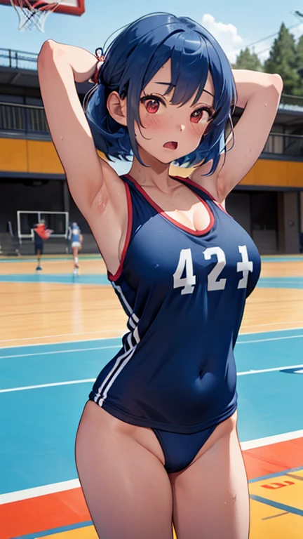 mastute piece,Best Quality,insanely detailed,8k cg,nsfw,
(shoot upper body:1.3),
(1girls:1.3),standing,looking at viewr,body in front,((both arms behind back:1.4)),(basketball wear:1.4),(bare breasts:1.4),break,
blush,shy,(ecstasy face),(trembling:1.2),break,(blue hair:1.4),
break,
perfect breasts,perfect teats,(open mouth:0.9),(large breasts:1.2),
(basketball court:1.1),