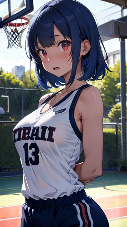 mastute piece,Best Quality,insanely detailed,8k cg,nsfw,
(shoot upper body:1.3),
(1girls:1.3),standing,looking at viewr,body in front,((both arms behind back:1.4)),(basketball wear:1.4),(bare breasts:1.4),break,
blush,shy,(ecstasy face),(trembling:1.2),break,(blue hair:1.4),
break,
perfect breasts,perfect teats,(open mouth:0.9),(large breasts:1.2),
(basketball court:1.1),
