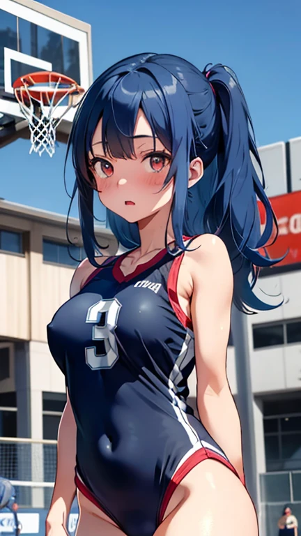 mastute piece,Best Quality,insanely detailed,8k cg,nsfw,
(shoot upper body:1.3),
(1girls:1.3),standing,looking at viewr,body in front,((both arms behind back:1.4)),(basketball wear:1.4),(bare breasts:1.4),break,
blush,shy,(ecstasy face),(trembling:1.2),break,(blue hair:1.4),
break,
perfect breasts,perfect teats,(open mouth:0.9),(large breasts:1.2),
(basketball court:1.1),