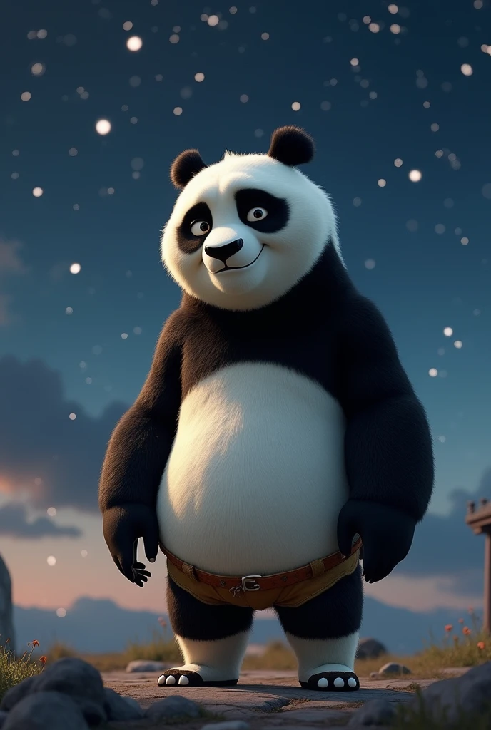 Make a picture of “Po” (Discouraged) not so fat from “Kung Fu Panda” a little kwai with a realistic touch and a starry night background