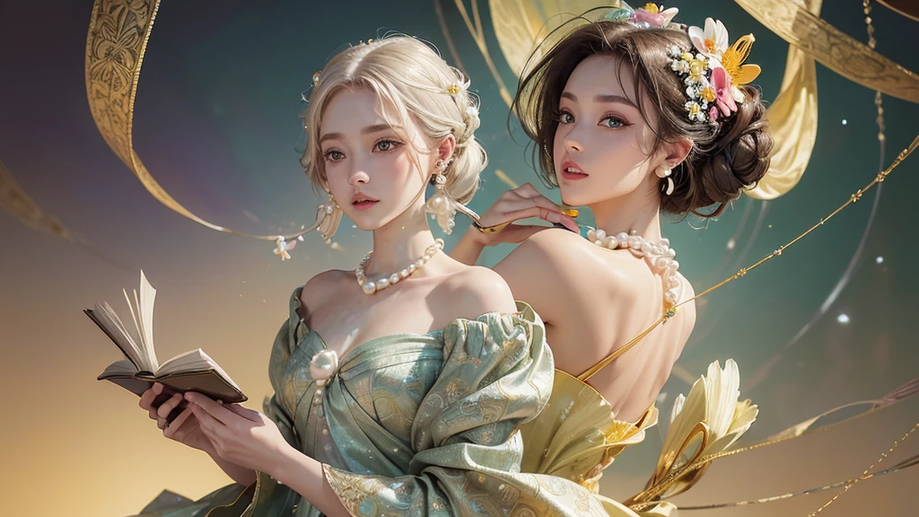 32K, 最高quality, 最高masterpiece, (ultra-Detailed Background, Detailed Background), High resolution, Super detailed, Very detailedな, 1 personの, (bouquet:1.3), (Tangled:1.2), (Geometric:1.2),(colorful),(masterpiece, quality, best quality, Official Art, Beautiful and beautiful:1.2), (1 person:1.3), Very detailed,(colorful:1.1)(Flowers:1.3),Most detailed,(Tangled:1.2), whole body, (Abstract background:1.3), (Skin glows), (Many colors:1.4), ,(Earrings Pearl:1.5), Pale yellow-green background, It's imaginative., Brunette Hair, Updo, Holding a book, Holding a pen, Satin shirt