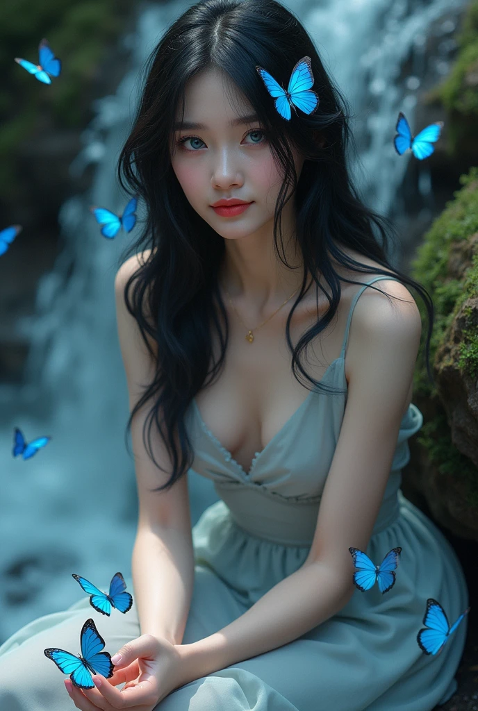 Quality art. A woman with jet black hair, Long and straight, beautiful face, Porcelain skin, defined jaw. Long eyelashes and blue eyes, Red lips, She looks at the blue butterflies that are around her. She looks at them with a curious expression and a small smile., She is sitting on a rock next to a waterfall.