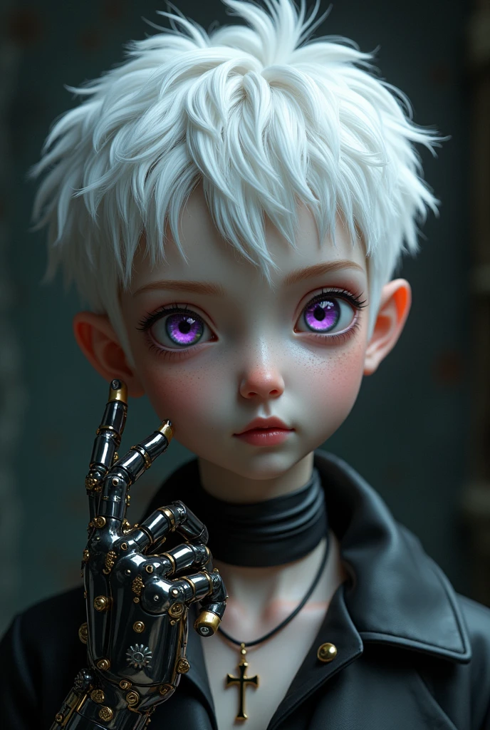 Middle-aged albino ager with a cheerful sarcastic look and white hair violet eyes soft freckles, you came in black with a cross necklace and a mechanical hand with steampunk technology