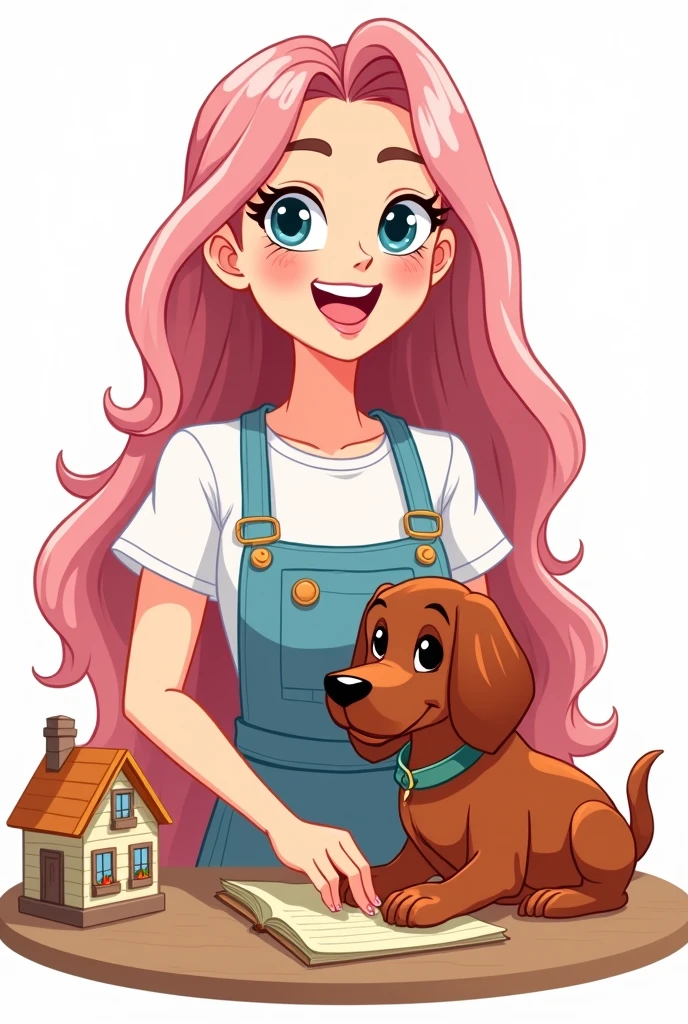 draw basic,  line art style, Rapunzel vector. Create avatar of curvy craftswoman, very beautiful, upper body. Long light pink hair, blue eyes, wide smile, white t-shirt with apron. She is with a charming red irish setter dog. in the table, working with mini houses dioramas. Specific art, fanart, sweet color, white background, clipart illustration, simple art, cartoon 2D, no shading, PNG, front view, close up