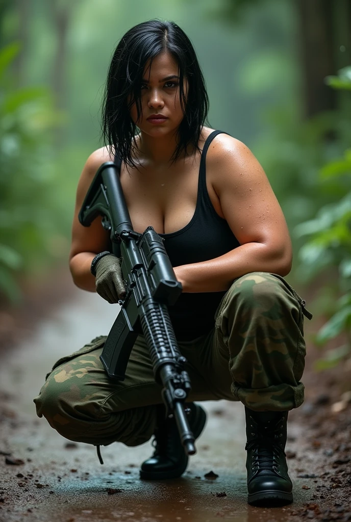 A beautiful indonesian women, a bit chubby, huge breasted, wet tied bobcut hair, wear wet tanktop, wear tactical camouflage pant, tactical boots, holding a m16 gun, serious face expression, kneel on dirty land andn aim the target in the jungle under the rain, realistic photography, natural light, 