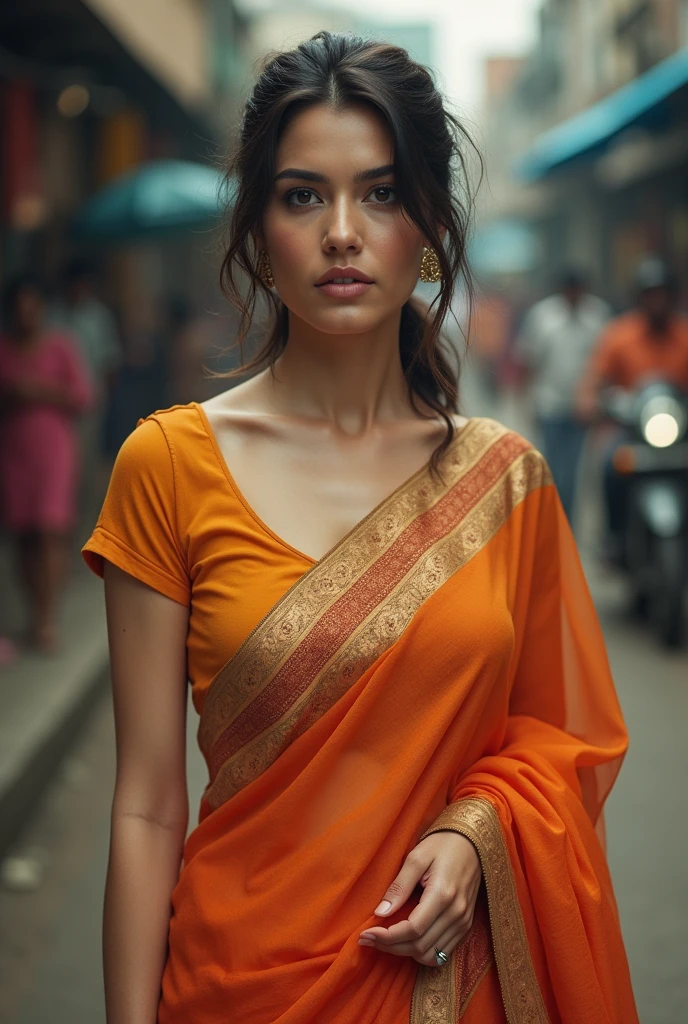 Kriti sanon with pale skin, white skin, no lose hair, pinned hair, wearing saree shwoing  and navel, low quality, poor quality, at chennai