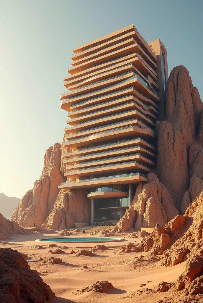 facade of grand hotel , horizontal prisms,on a mountain in the desert