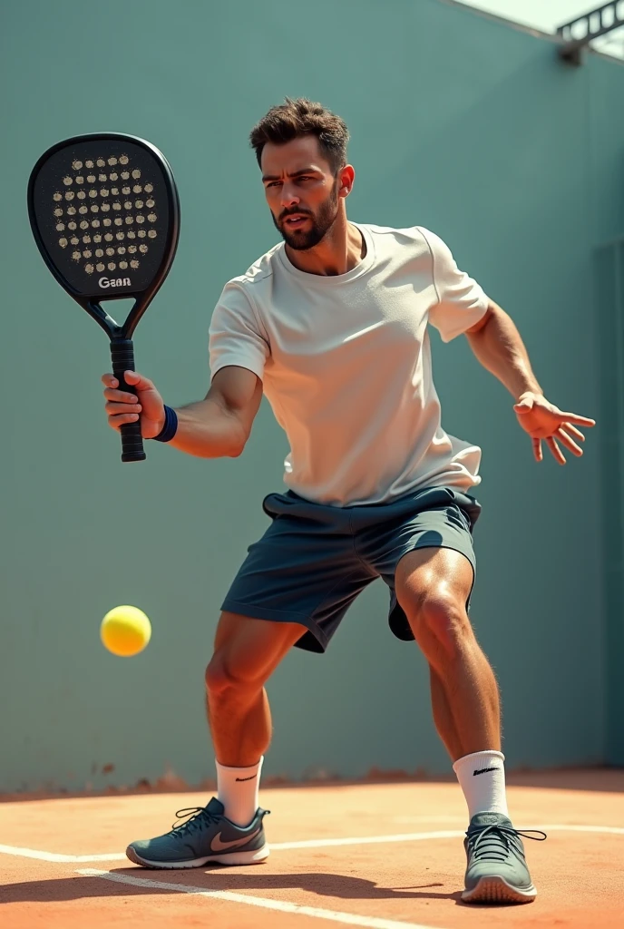A realistic man hitting a padel ball with his paddle, in finishing attitude, with one hand, a medium sized shovel