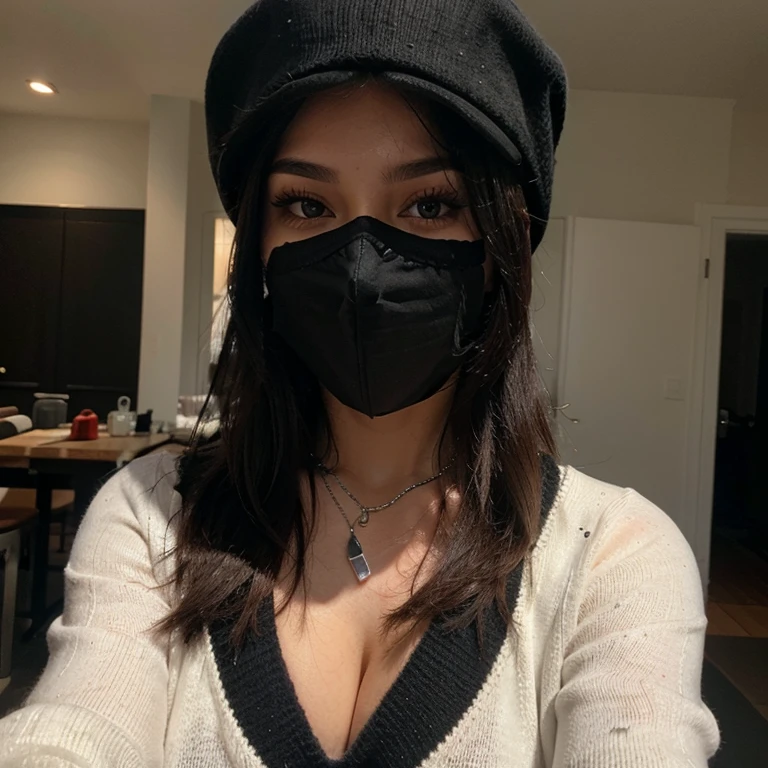 Sexy girl with long black hair taking a selfie with a black mask, a red sweater and a black cap with a black cap and silver chain