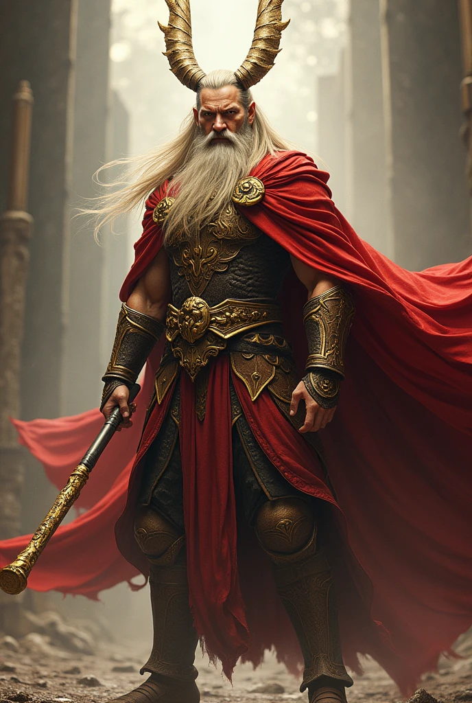 Hairy man, blonde, serious expression, slender body, in golden and brown full-body dynasty armor, two antenna-like plumes headdress, wielding a long metal bo stick with gold on two edges, red flowing cape, dynamic pose, fantasy vibe,
